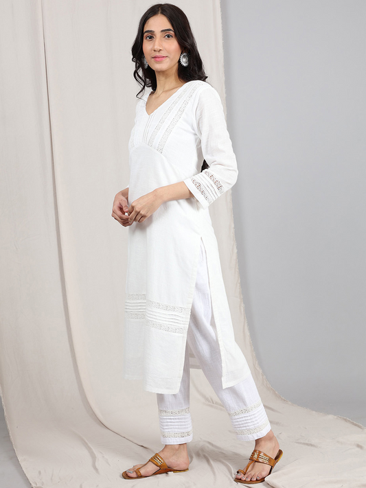 IVORY COTTON SLUB PLEATED KURTA WITH PANTS