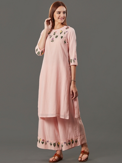 PEACH EMBROIDERED COTTON SILK KURTA WITH PALAZZO