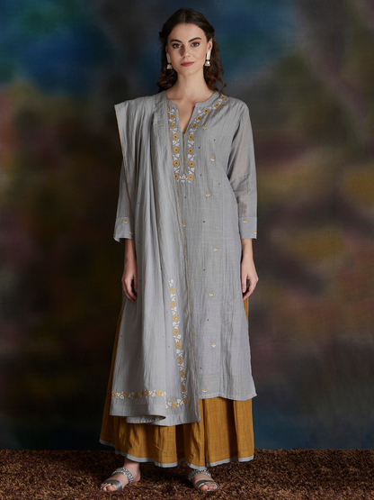 GREY EMBROIDERED COTTON SILK KURTA WITH OLIVE GREEN GATHERED SKIRT