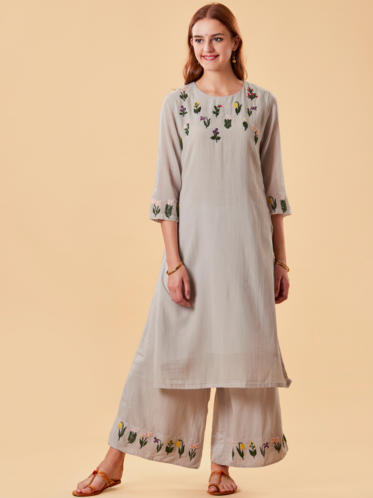 GREY EMBROIDERED COTTON SILK KURTA WITH PALAZZO