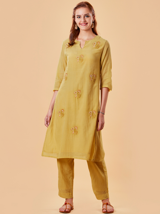 MUSTARD YELLOW EMBROIDERED COTTON SILK KURTA WITH PANTS