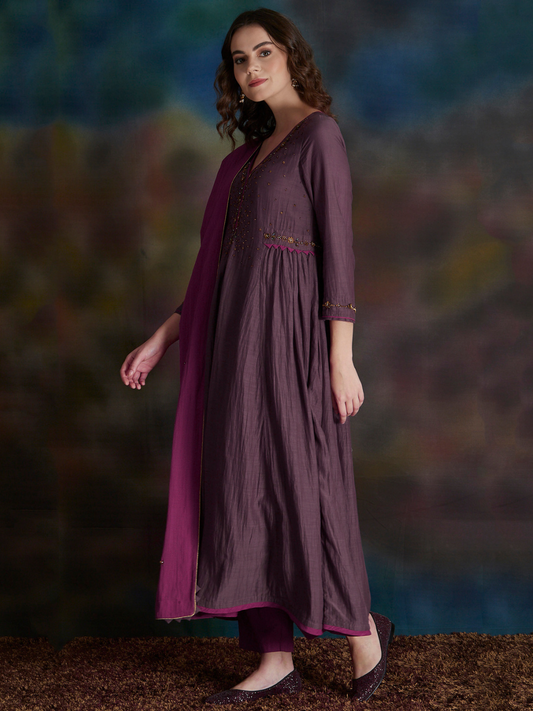 MAUVE EMBELLISHED COTTON SILK ANARKALI KURTA WITH MAGENTA PANTS