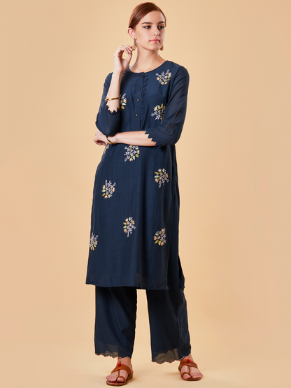 NAVY BLUE EMBROIDERED COTTON SILK KURTA WITH PANTS