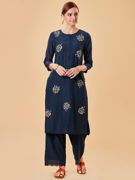 NAVY BLUE EMBROIDERED COTTON SILK KURTA WITH PANTS