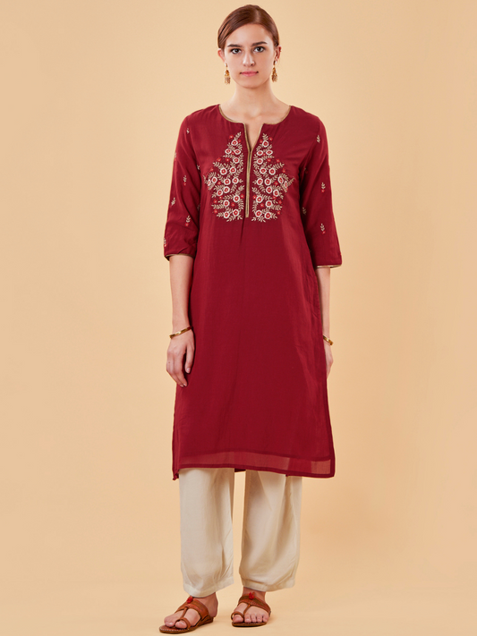 RED EMBROIDERED COTTON SILK KURTA WITH IVORY PANTS