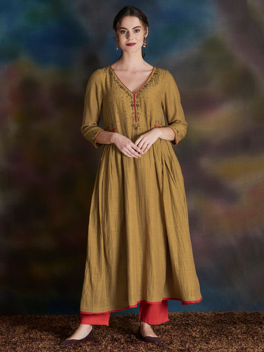 MUSTARD YELLOW EMBELLISHED COTTON SILK ANARKALI KURTA WITH CAMBRIC COTTON PANTS