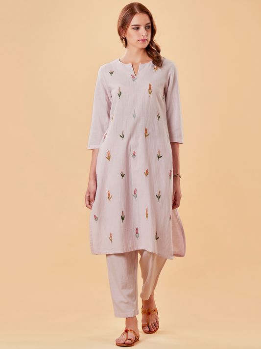 LIGHT PINK EMBROIDERED COTTON LINEN KURTA WITH PANTS