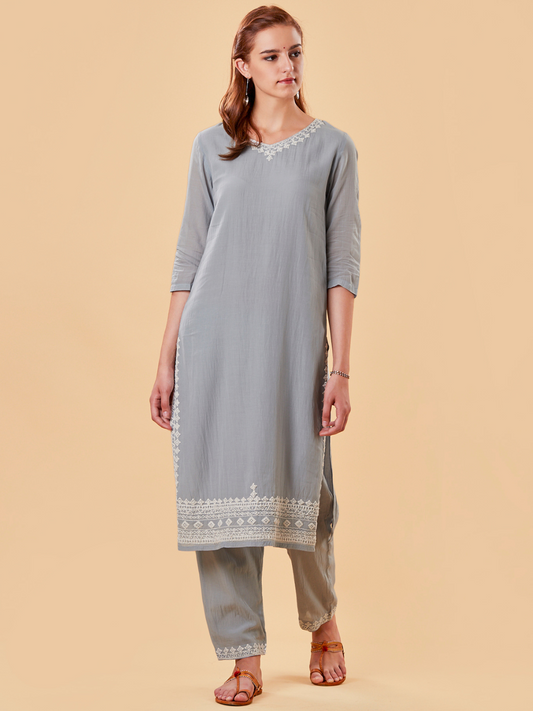 PASTEL BLUE EMBROIDERED COTTON SILK KURTA WITH PANTS