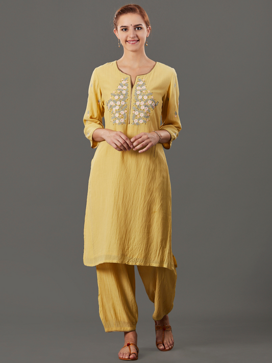 YELLOW EMBROIDERED COTTON SILK KURTA WITH PANTS