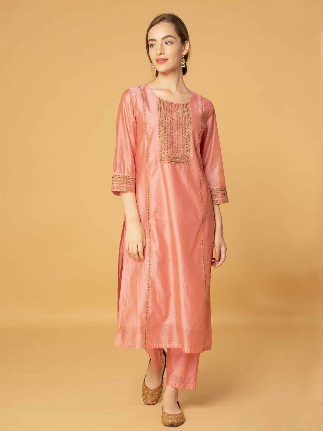 PASTEL PINK EMBROIDERED CHANDERI KURTA