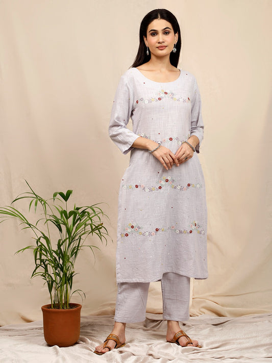 BLUE COTTON SLUB FLORAL EMBROIDERED KURTA WITH PANTS