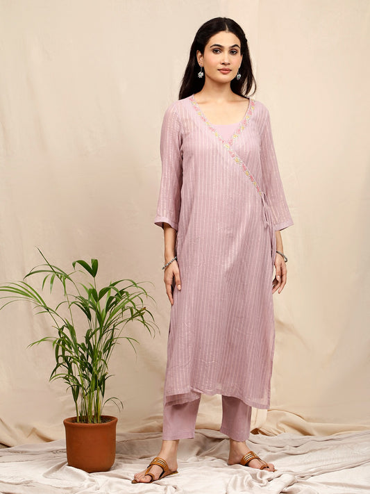 MAUVE EMBELLISHED COTTON LUREX ANGRAKHA KURTA WITH  PANTS