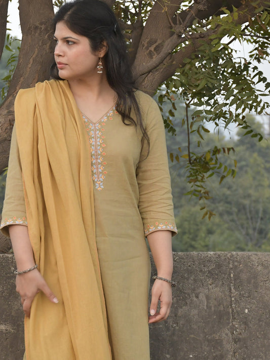 Khaki Green Cotton Embroidered Kurta with Pants & Dupatta