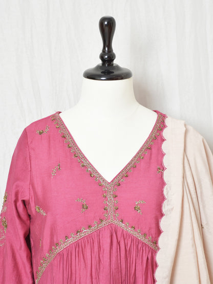 BURGUNDY PINKISH CHANDERI A-LINE GATHERED KURTI WITH PANTS