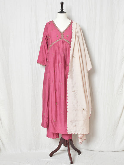 BURGUNDY PINKISH CHANDERI A-LINE GATHERED KURTI WITH PANTS