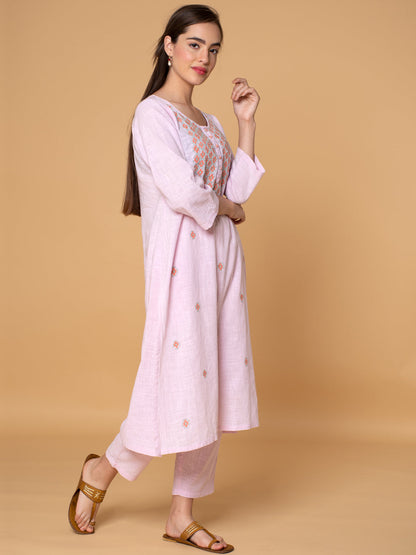 PINK COTTON DOBBY PLEATED KURTA WITH PANTS