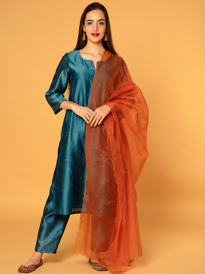 TEAL BLUE SEQUINS EMBROIDERED CHANDERI KURTA WITH PANTS