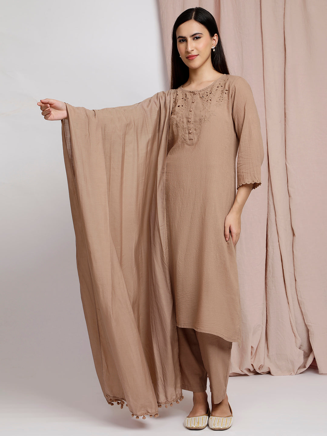BROWN CUTWORK EMBROIDERED COTTON KURTA WITH PANTS