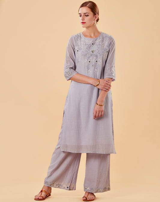 MAUVE EMBROIDERED COTTON SILK KURTA WITH PALAZZO