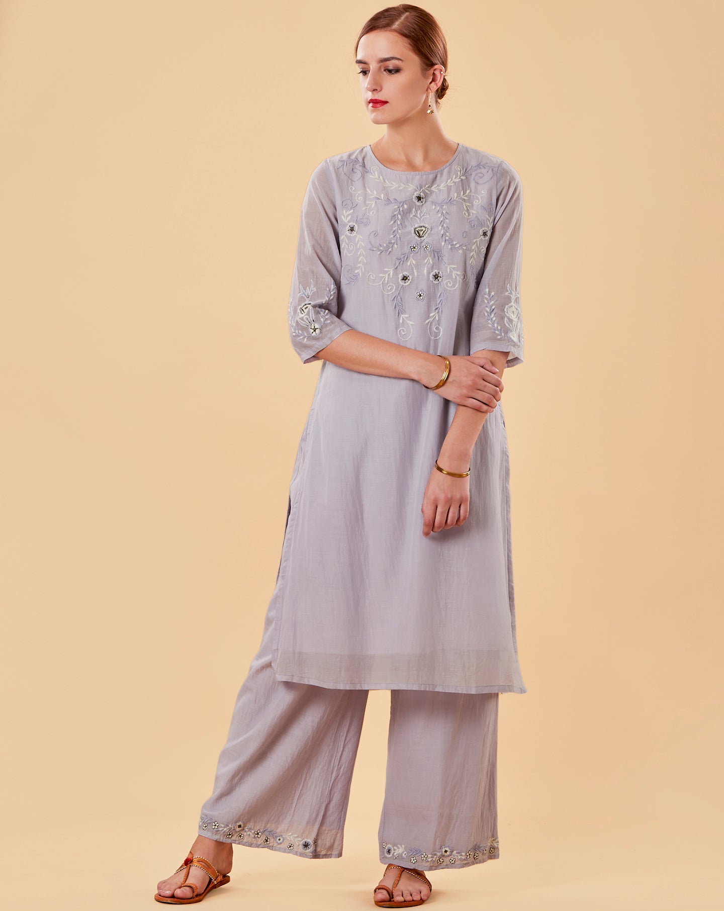 MAUVE EMBROIDERED COTTON SILK KURTA