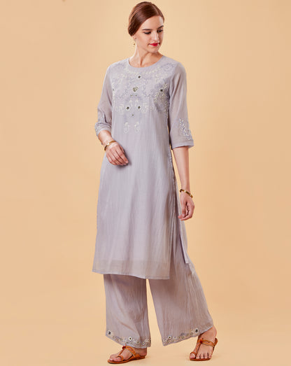 MAUVE EMBROIDERED COTTON SILK KURTA WITH PALAZZO