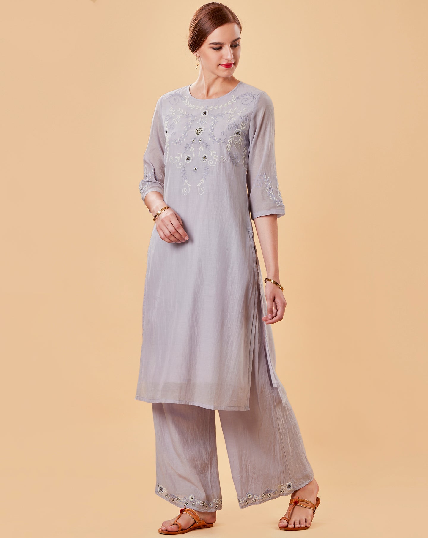 MAUVE EMBROIDERED COTTON SILK KURTA