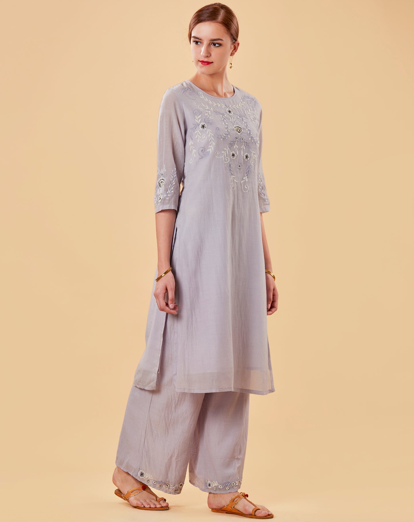 MAUVE EMBROIDERED COTTON SILK KURTA WITH PALAZZO