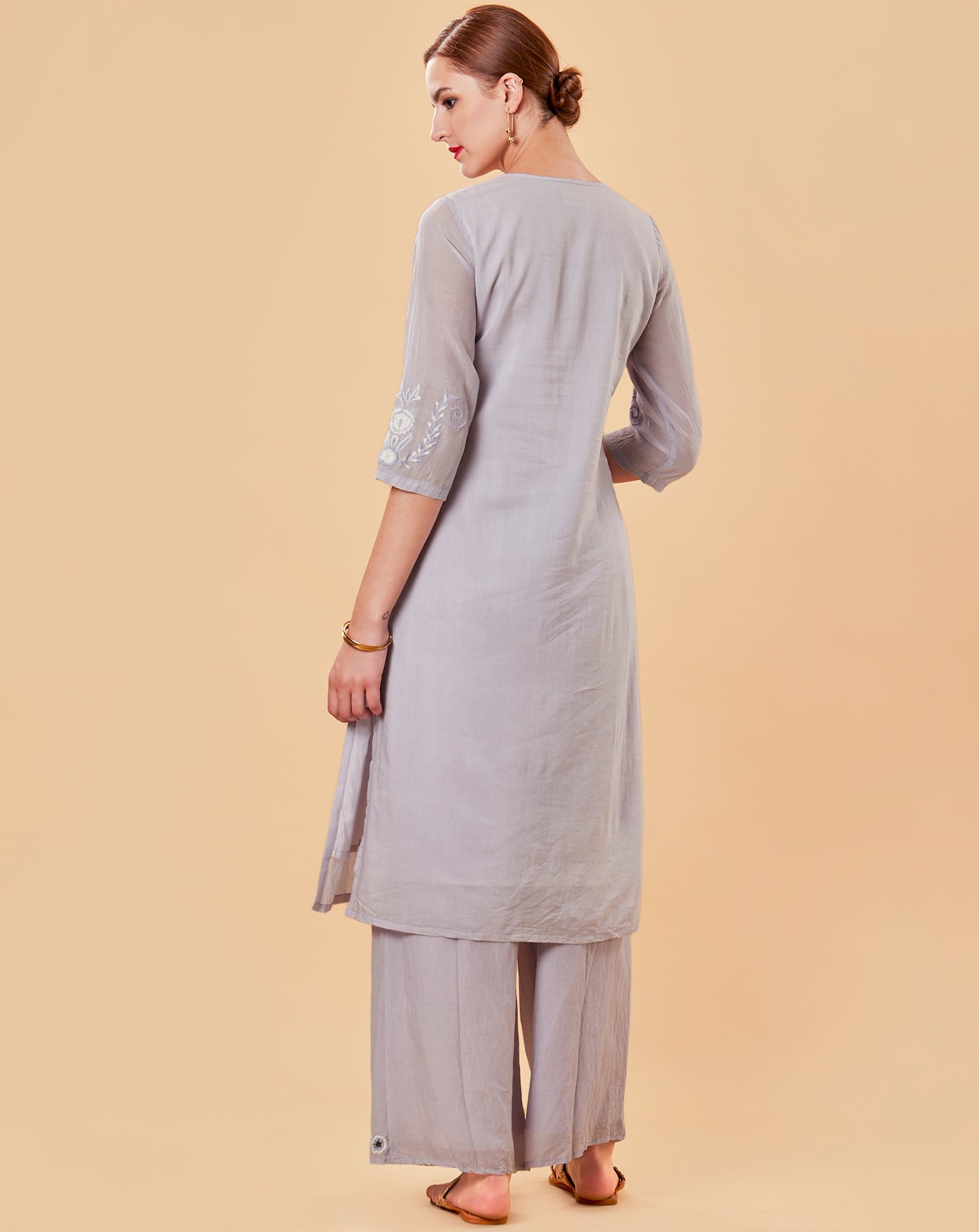 MAUVE EMBROIDERED COTTON SILK KURTA WITH PALAZZO
