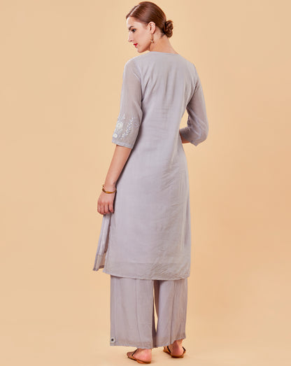 MAUVE EMBROIDERED COTTON SILK KURTA WITH PALAZZO