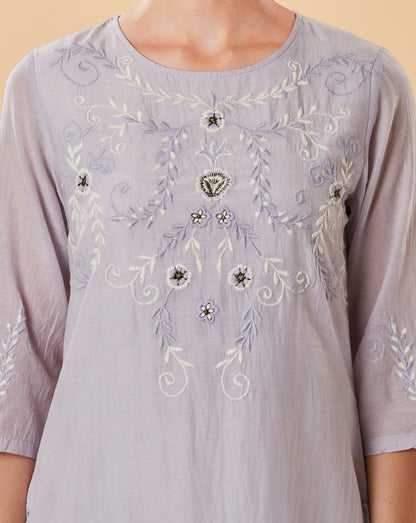 MAUVE EMBROIDERED COTTON SILK KURTA WITH PALAZZO