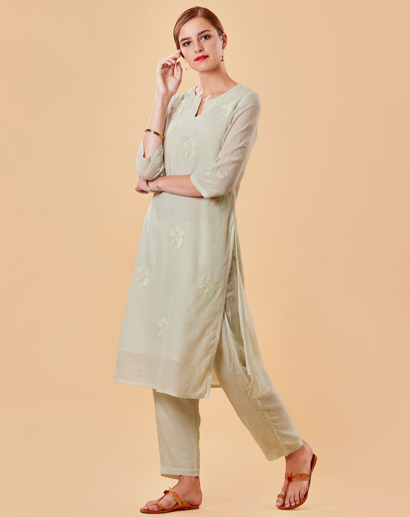 MINT GREEN EMBROIDERED COTTON SILK KURTA WITH PANTS