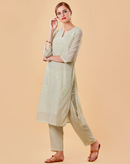 MINT GREEN EMBROIDERED COTTON SILK KURTA