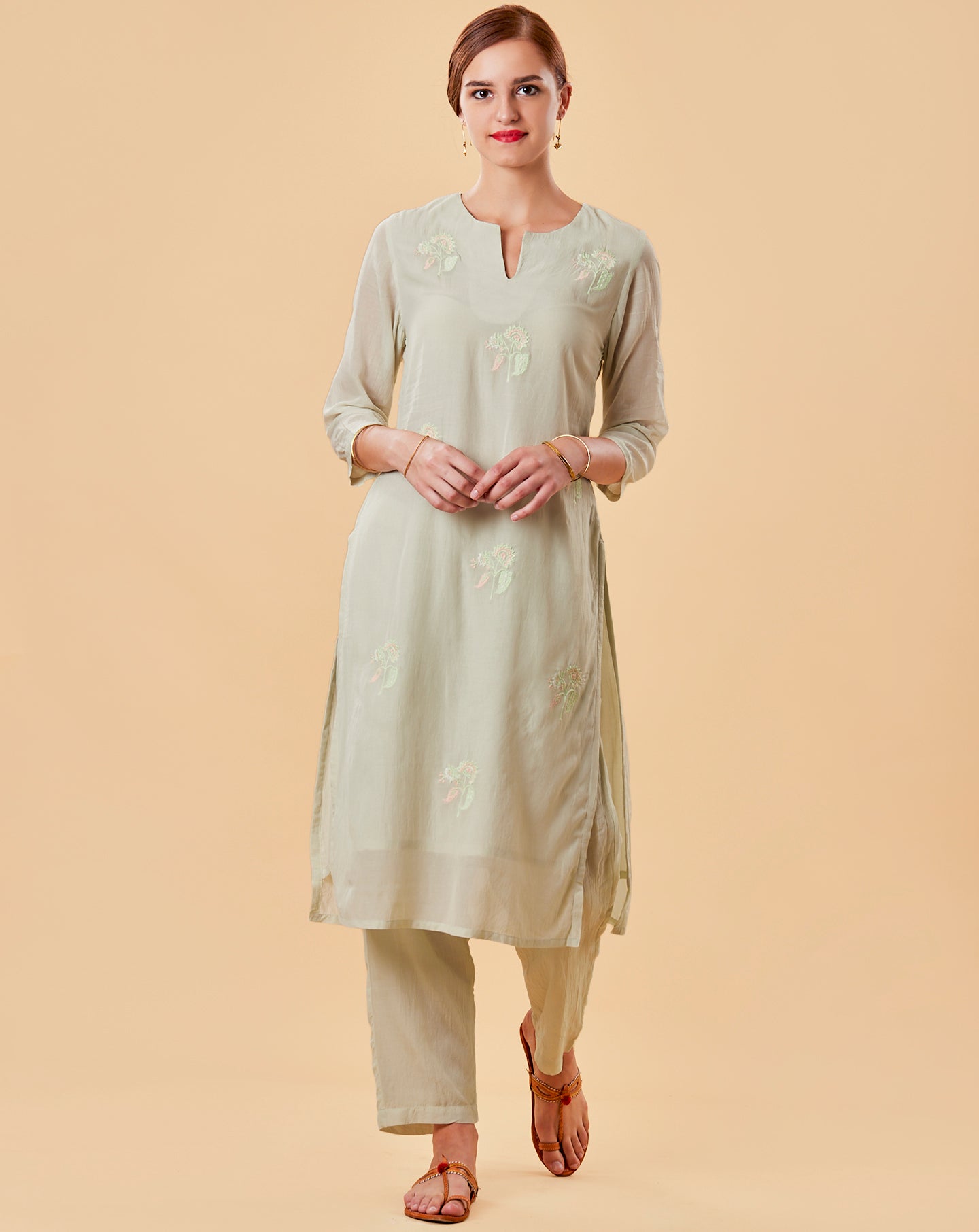 MINT GREEN EMBROIDERED COTTON SILK KURTA WITH PANTS