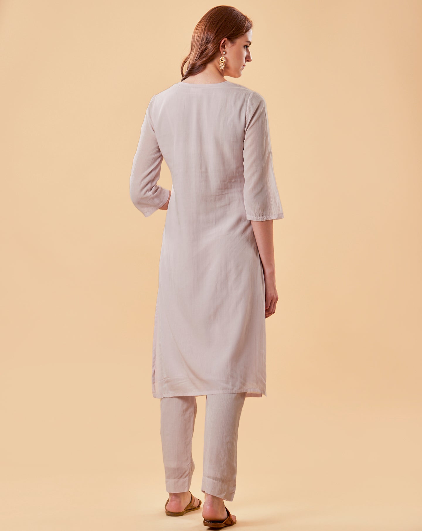 LEMON YELLOW EMBROIDERED LINEN VISCOSE KURTA WITH PEACH COTTON PANTS