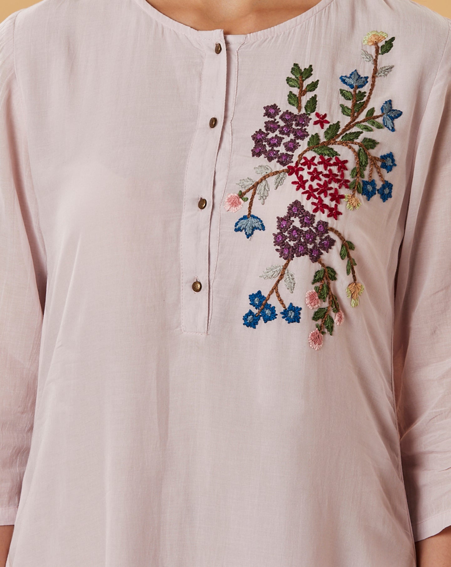 LEMON YELLOW EMBROIDERED LINEN VISCOSE KURTA WITH PEACH COTTON PANTS
