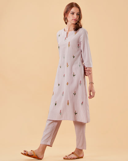 LIGHT PINK EMBROIDERED COTTON LINEN KURTA WITH PANTS