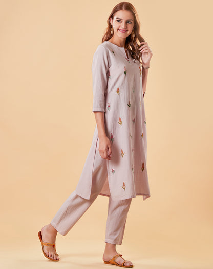 LIGHT PINK EMBROIDERED COTTON LINEN KURTA WITH PANTS