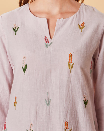 LIGHT PINK EMBROIDERED COTTON LINEN KURTA WITH PANTS