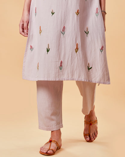 LIGHT PINK EMBROIDERED COTTON LINEN KURTA WITH PANTS