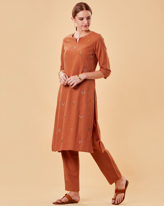 ORANGE EMBROIDERED COTTON LINEN KURTA WITH PANTS