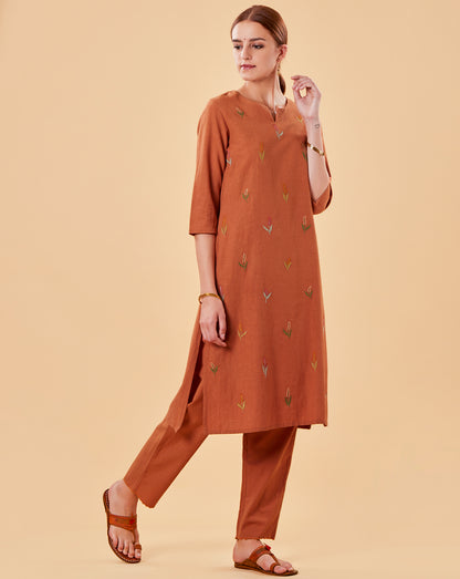 ORANGE EMBROIDERED COTTON LINEN KURTA WITH PANTS