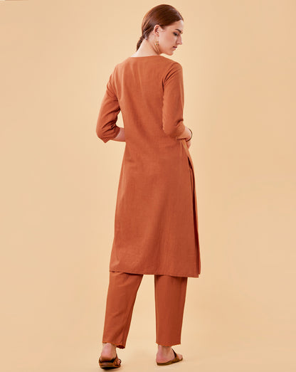 ORANGE EMBROIDERED COTTON LINEN KURTA WITH PANTS