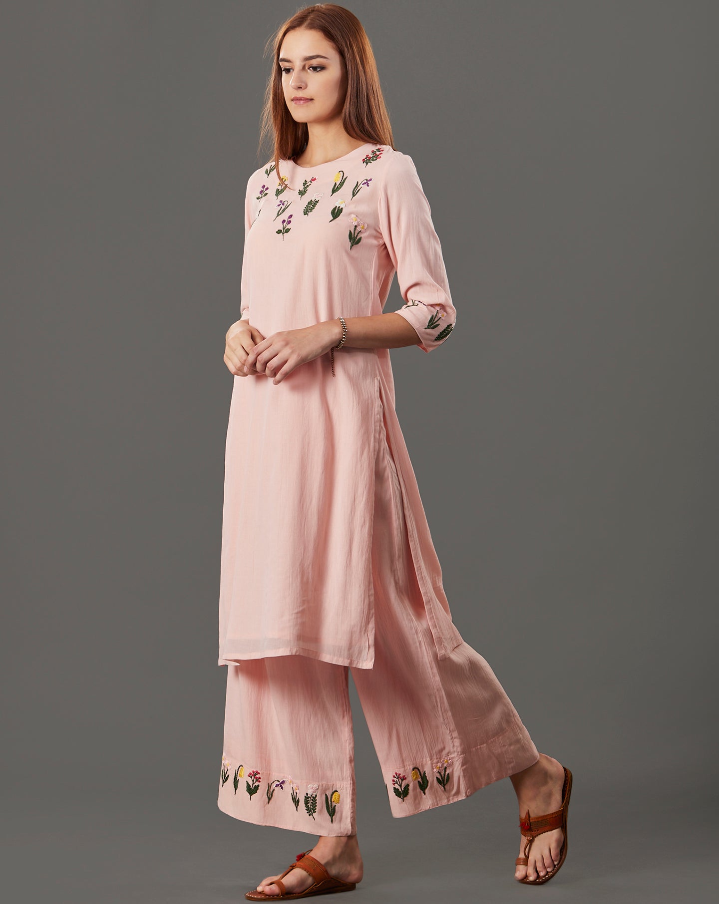 PEACH EMBROIDERED COTTON SILK KURTA WITH PALAZZO