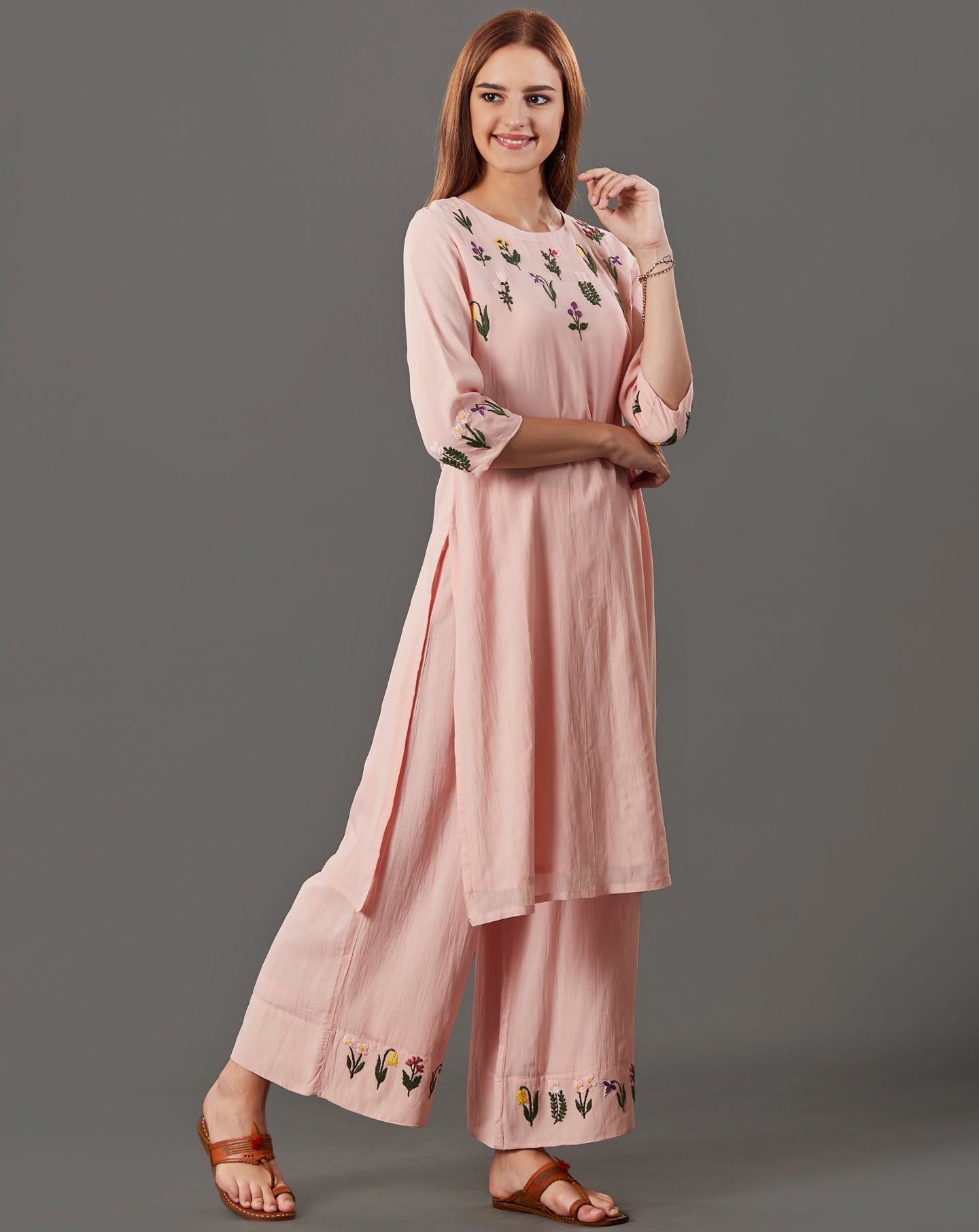 PEACH EMBROIDERED COTTON SILK KURTA WITH PALAZZO