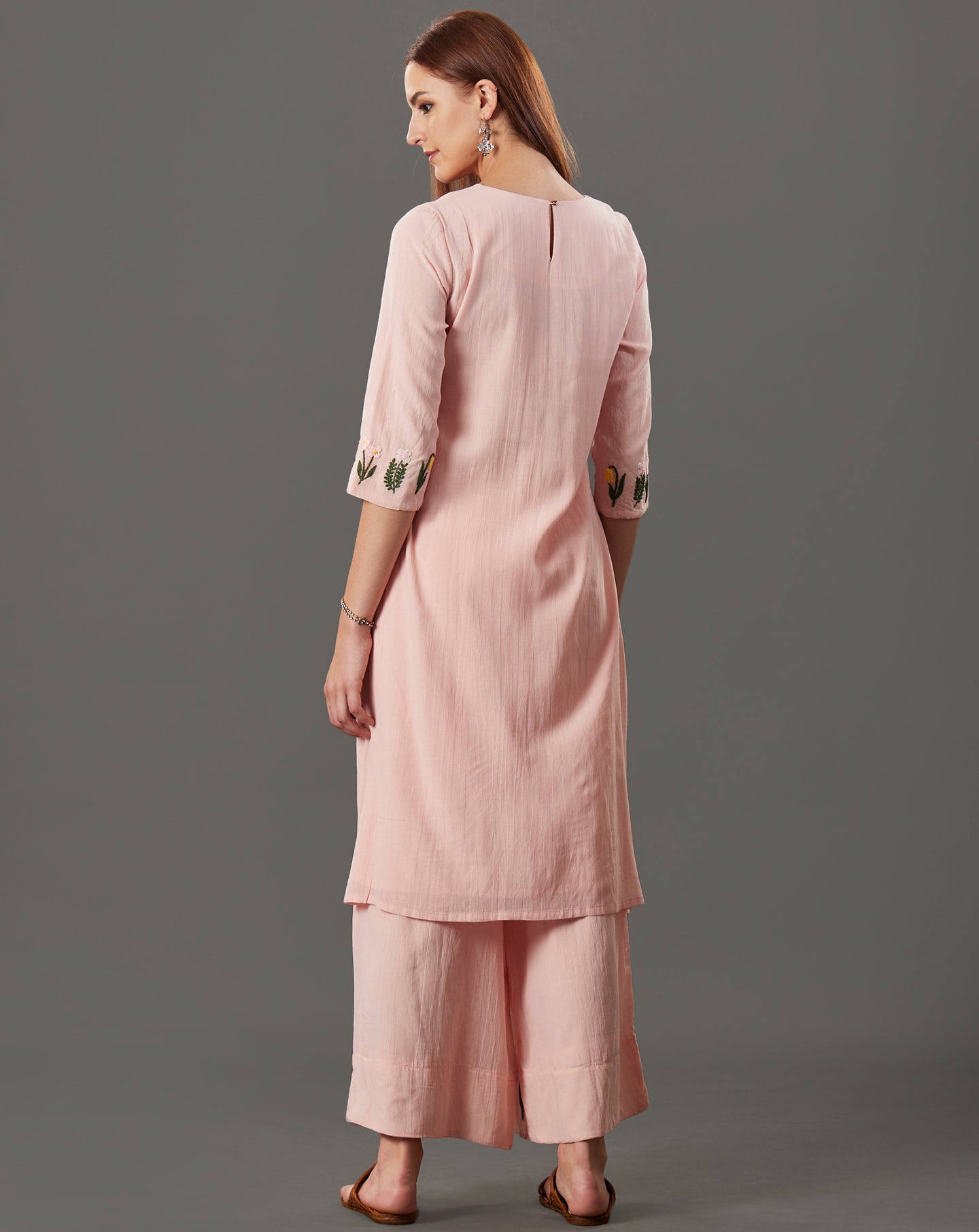 PEACH EMBROIDERED COTTON SILK KURTA WITH PALAZZO