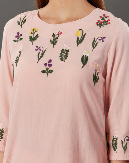 PEACH EMBROIDERED COTTON SILK KURTA WITH PALAZZO