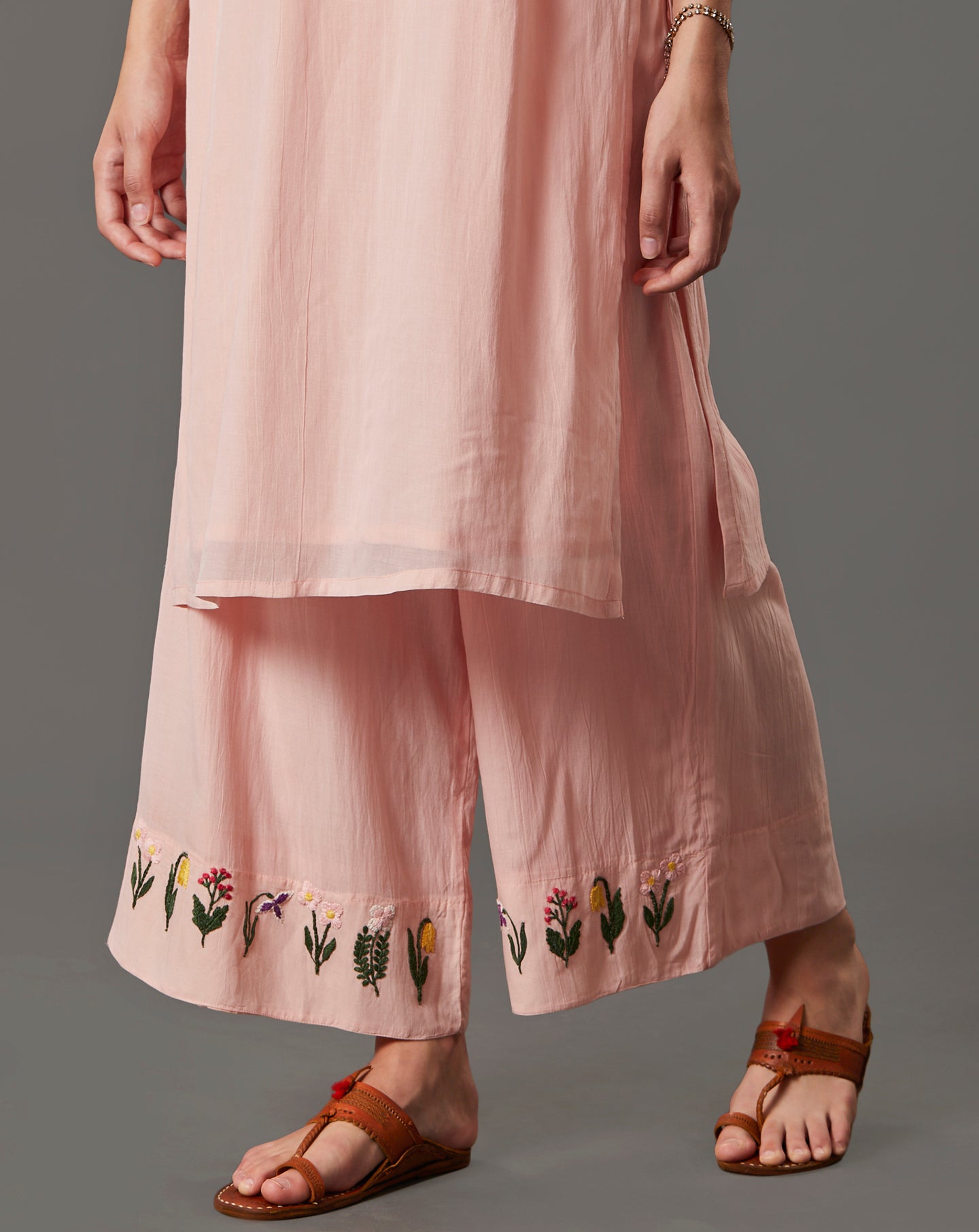 PEACH EMBROIDERED COTTON SILK KURTA WITH PALAZZO