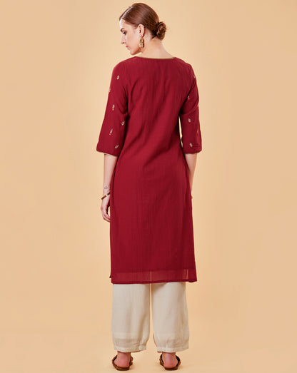 RED EMBROIDERED COTTON SILK KURTA WITH IVORY PANTS