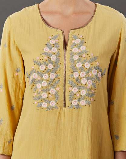 YELLOW EMBROIDERED COTTON SILK KURTA WITH PANTS