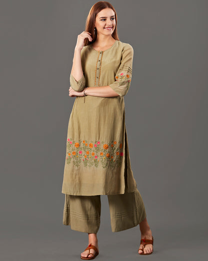 OLIVE GREEN EMBROIDERED COTTON SILK KURTA WITH FLARED PALAZZO